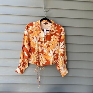 DREW Women’s XS Orange Leaf Print Collared Crop Top Balloon Sleeves Button Front